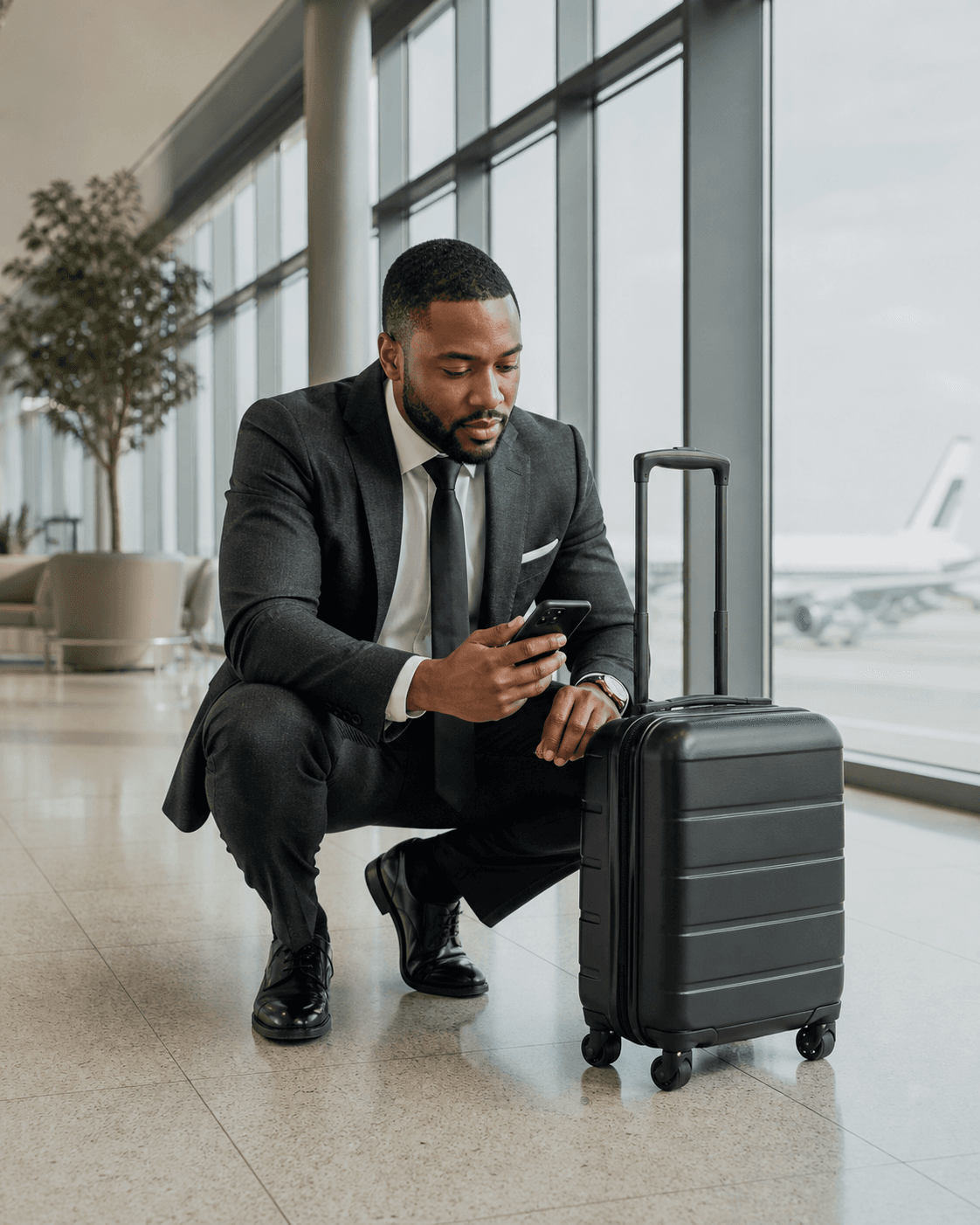 Business traveller preparing luggage inside an airport terminal